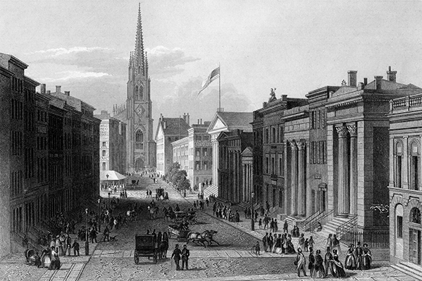 An engraved view of Wall Street, with Trinity Church in the background, circa 1850.jpg