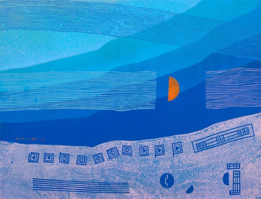 Seundja Rhee, La Mer VI, 1977, woodcut with airbrush background, in 6 colors, on yellow Canson paper 210 grammes, 50 x 64.7 cm.jpg
