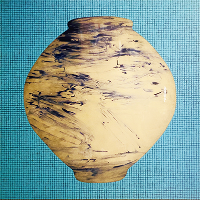 Moon Jar with Blue Dots, 2019-2020, 47 x 47 in, Mixed Media on Wood.jpg