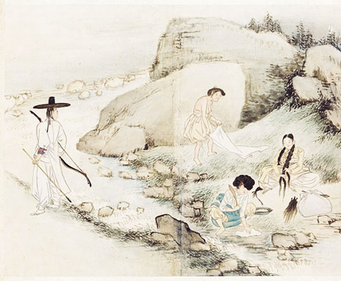 신윤복의 '계변가화', 19세기 초, 종이에 채색, 28.2cm×35.6cm, 국보135호,《혜원전신첩》, 간송미술관 소장.jpg