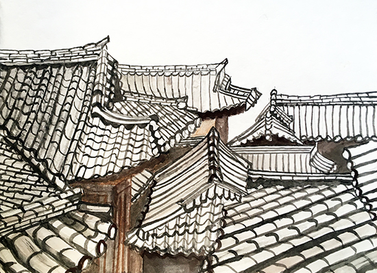 Hanok Village, 2023, sumi ink on paper, 9 x 12 inches.JPG